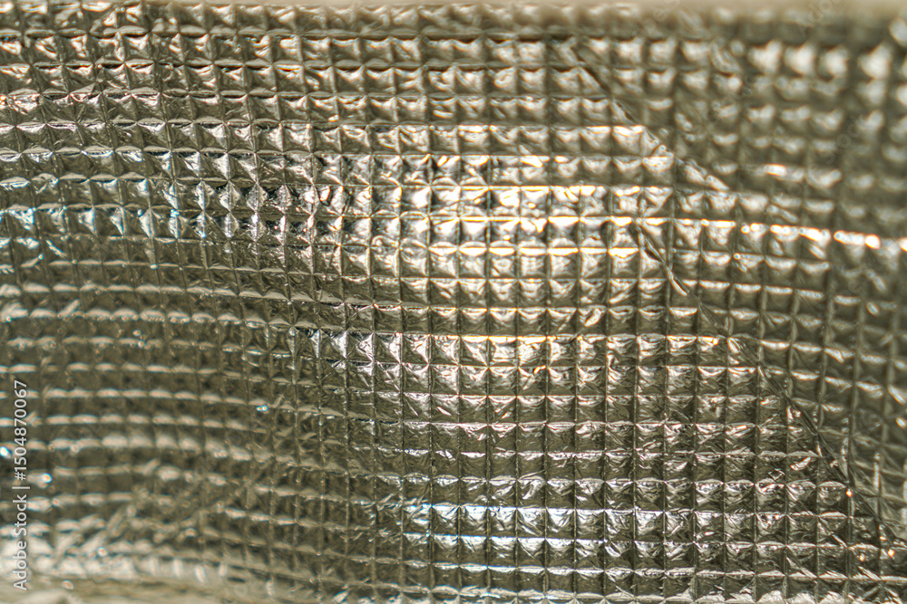 Poster a shimmering silver surface displays a complex grid of textured squares, catching light and shadow t