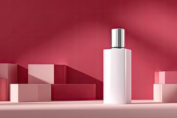 Sleek white bottle with silver cap rests on a blush-pink surface amidst geometric pink and rose-toned blocks, bathed in soft light