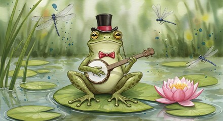 Dapper Frog Serenading the Pond with Banjo Music
