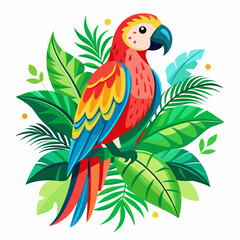 Colorful Tropical Parrot Vector – Flat Design with Foliage on White Background