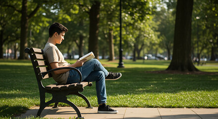 Fototapeta premium Young Man Reading Book on Park Bench Enjoying Sunlight and Serenity