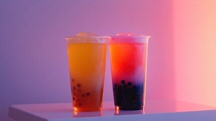 Colorful bubble tea drinks with bright background lighting