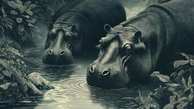 Ancientstyle etching of hippos in symbolic river with water and lush plants, showcasing wildlife and nature in detailed animal textures