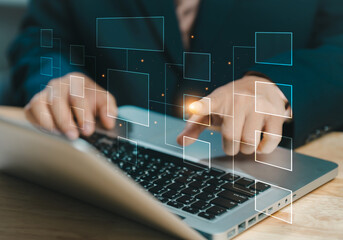 Workflow computer automation for business office. Design workflow automation with blank flowcharts. Algorithm flow. Developer writing flowchart to process set plan and manage project data document.