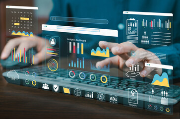 Data science technology and digital marketing. Financial business KPI System data analytics graph dashboard. Analyst uses a computer and dashboard for data business analysis and Data Management System