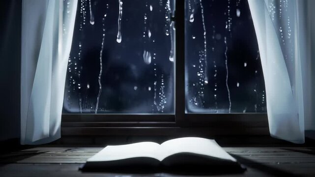 Book in front of window with rain
