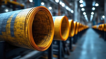 Close up view of rolled material in a manufacturing facility with industrial lighting