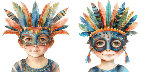 cute kid wearing carnival mask watercolor vector illustration