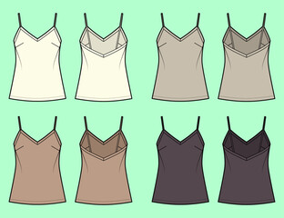 Women camisole tank top bundle technical drawing fashion flat sketch vector illustration template front and back views outline CAD mockup