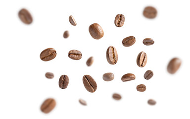 Coffee beans levitate. Roasted coffee beans flying on white background with clipping path. Close up image.