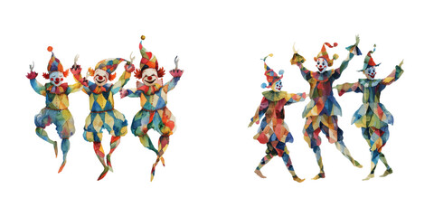 dancing clowns watercolor vector illustration