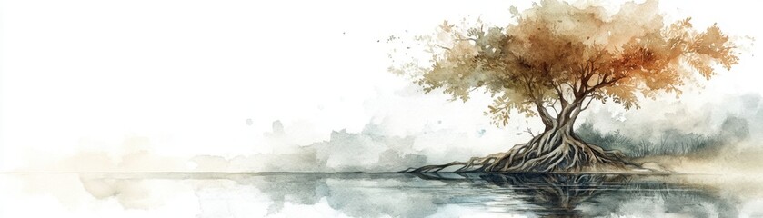 A lone tree with exposed roots stands by calm water, depicted in soft, watercolor tones.