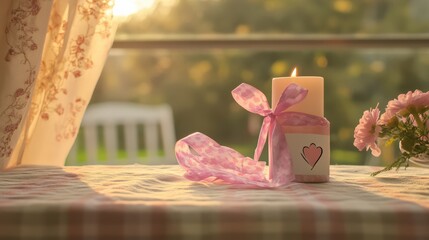 Serene candle decorated with ribbon and flowers on table in warm light