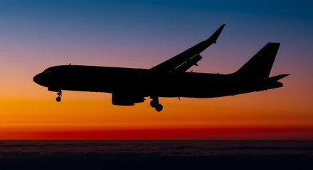 Fototapeta na wymiar Airplane Silhouette Sunset Sky