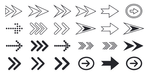 Modern Arrow Icon Set – 60 Black Vector Arrows in Solid, Dotted, Outlined & Pixel Styles for UI & Graphics