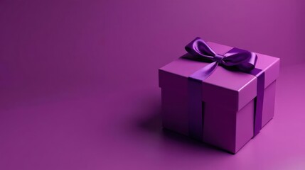 Obraz premium A single purple gift box with a luxurious satin ribbon bow, presented against a matching background, symbolizes celebration and thoughtful gifting.