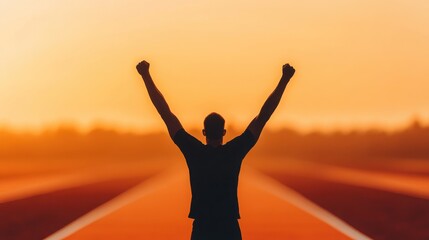 Fototapeta premium A person stands triumphantly on a road at sunset, arms raised in victory and celebration.