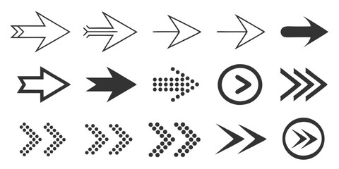 Modern Arrow Icon Set – 60 Black Vector Arrows in Solid, Dotted, Outlined & Pixel Styles for UI & Graphics