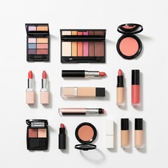 flat lay makeup products on white