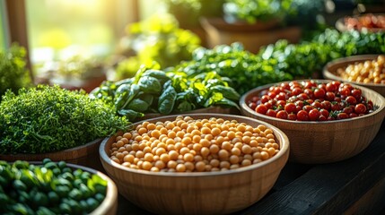 Colorful display of fresh vegetables in wooden bowls under soft natural light