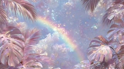 Pastel Rainbow  Tropical Leaves  Clouds  Dreamy Background