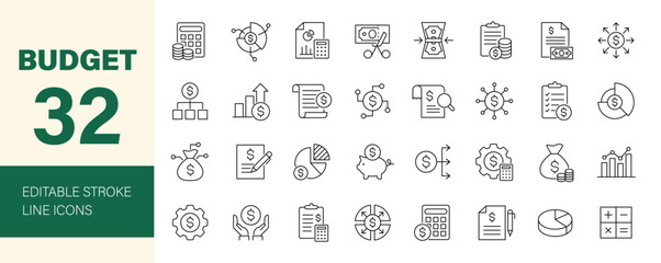 Budget icon set. Containing accounting, bookkeeping, distribution, banking, business, income, profit,  investment, finance, money and more. Editable line icons. Vector illustration.