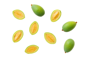 Neat feijoa rows softly lit, isolated on transparent background, great for calorie-tracker icons and farmers-market flyers
