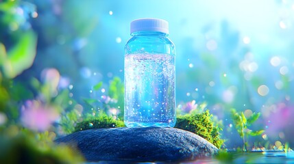 Blue bottle of water on rock in ethereal forest