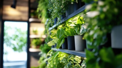 Indoor vertical garden featuring diverse green plants in modern display