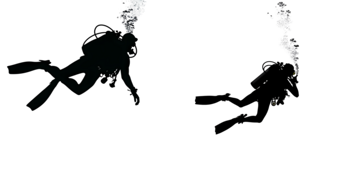 Silhouette of scuba divers underwater, bubbles rising, deep transparent background, exploring the ocean deep, serene and mysterious ambiance - Powered by Adobe
