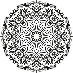 elegant black and white mandala illustration featuring a central petal-like floral motif