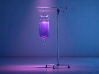 An IV bag filled with purple liquid hangs from a metal stand against a blue wall, illuminated by purple light