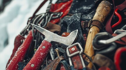 A pile of various tools and equipment, including axes, ropes, and straps, arranged on a snowy surface with a focus on the tools.