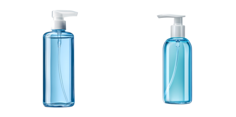 Two transparent pump bottles with blue liquid, isolated on a transparent background