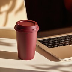 A maroon travel mug sits beside a laptop on a light surface, bathed in warm, dappled sunlight