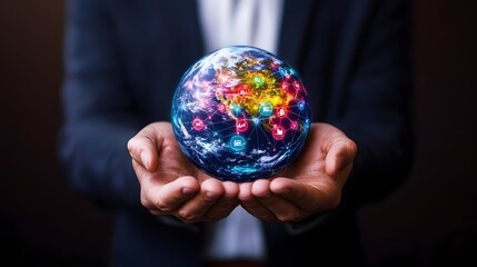 A person holds a glowing globe, representing global interconnectedness