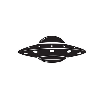 Naklejki Black and white illustration of a classic flying saucer ufo silhouette for extraterrestrial and space exploration concepts.