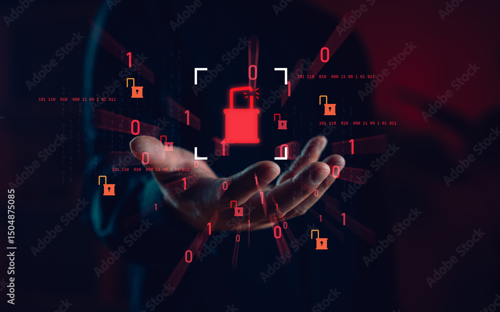 Leinwandbilder Cybersecurity breach concept with a hand holding an unlocked padlock symbol, surrounded by binary code, representing data leakage, system vulnerability, and digital access threats.