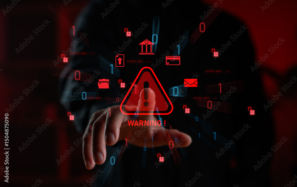 Poster cyberattack warning concept featuring a hand reaching toward digital red alert icons, symbolizing sy