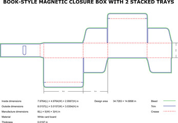 Book style magnetic closure box two stacked trays diecut template