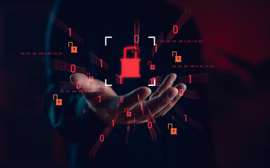 Cybersecurity breach concept with a hand holding an unlocked padlock symbol, surrounded by binary...