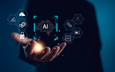 Artificial intelligence ecosystem concept showing a digital brain and connected icons, symbolizing cloud computing, data processing, machine learning, automation, and cybersecurity.