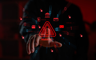Cyberattack warning concept featuring a hand reaching toward digital red alert icons, symbolizing system hacks, data breaches, financial threats, and identity theft in a high-risk tech space.