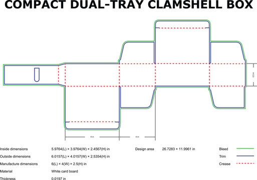 Compact dual tray clamshell box diecut template design