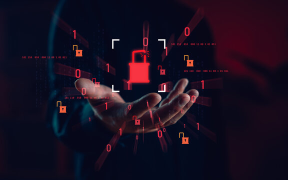 Cybersecurity breach concept with a hand holding an unlocked padlock symbol, surrounded by binary code, representing data leakage, system vulnerability, and digital access threats.