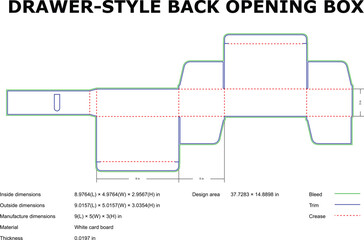 Drawer style back opening box diecut template design