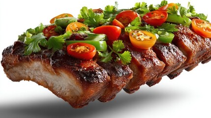 Spicy BBQ ribs with tomato and cilantro garnish.