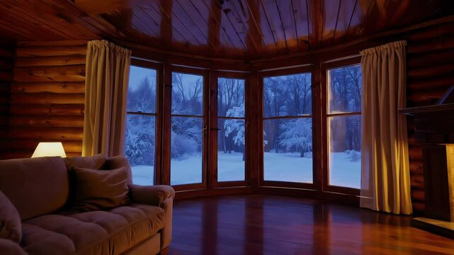 Cozy winter cabin interior with fireplace and snowy landscape viewed through panoramic windows