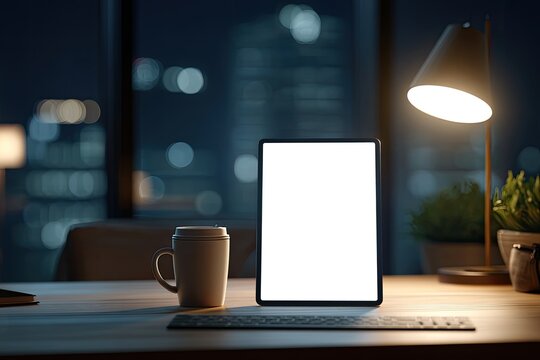 Nighttime workspace featuring a blank tablet screen, keyboard, mug, desk lamp, and a cityscape backdrop