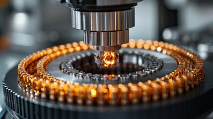 Close up of precision machinery in action with rotating gears and bright lighting effects